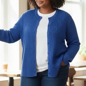 Lands End Plus Size 3X 100% Supima Cotton Royal Blue Cable Knit Cardigan Sweater